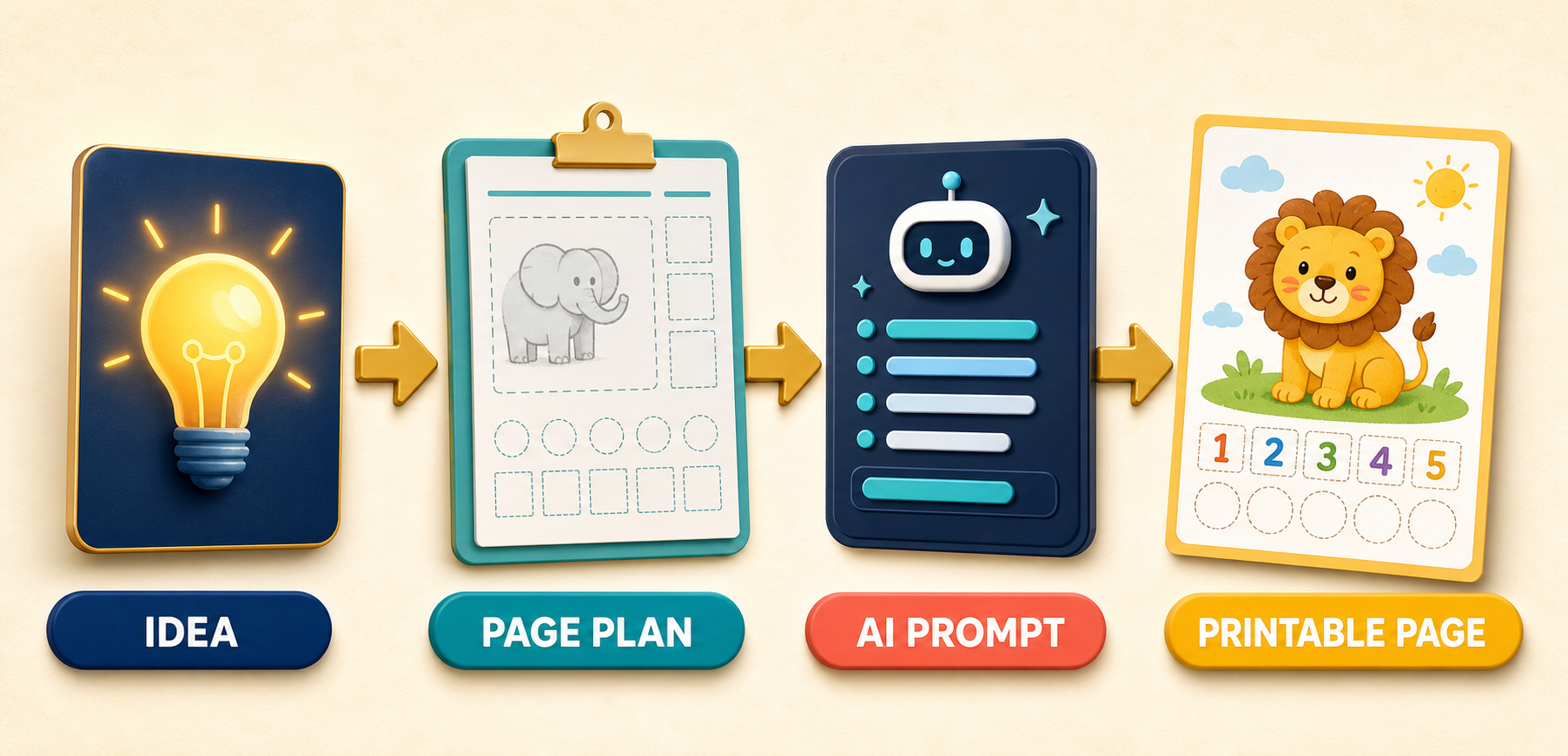 Idea to page plan to AI prompt to printable page workflow