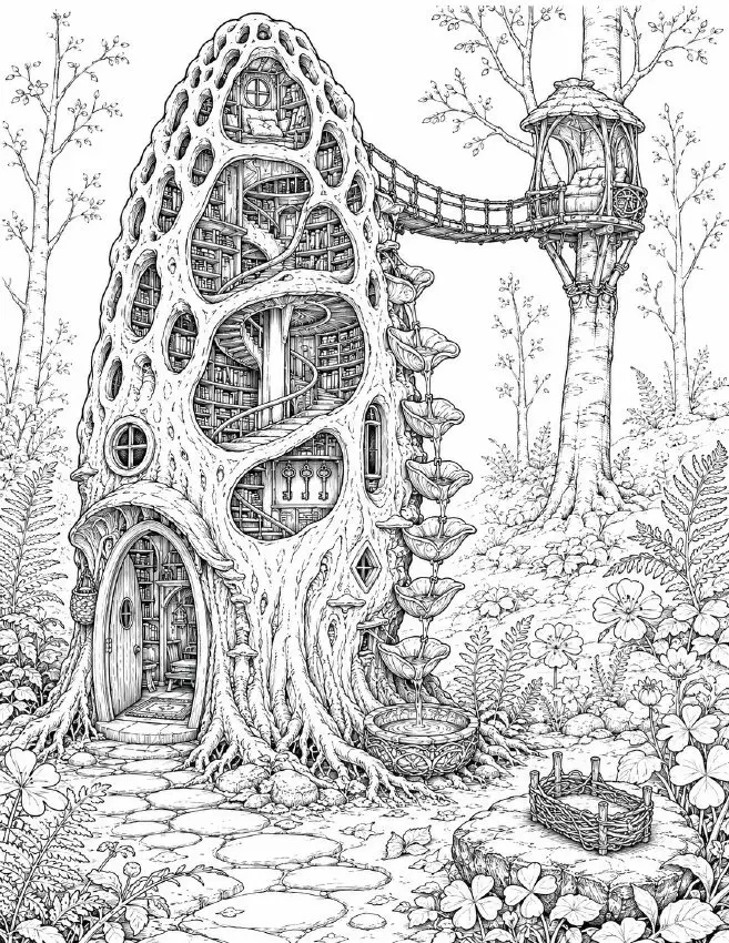 Actual sample: a tall morel mushroom library with open rooms and a woodland path